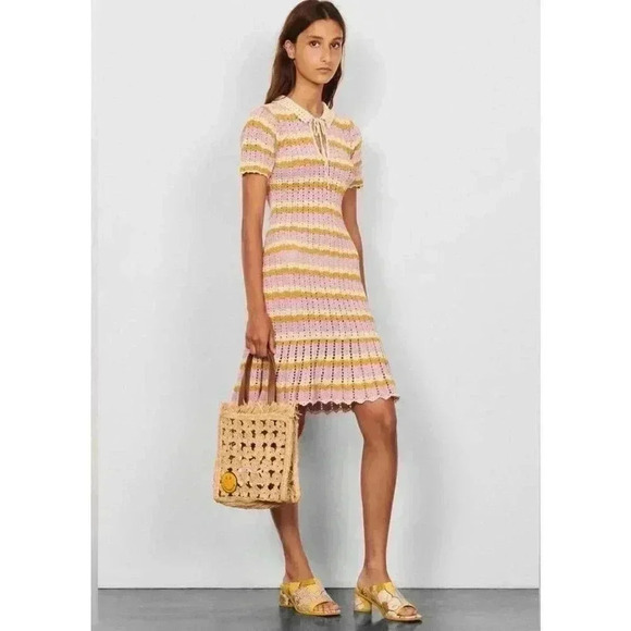 Sandro Multicoloured crochet polo mini dress 38 US 6 S M knit stripe Ethel multi - Picture 3 of 12